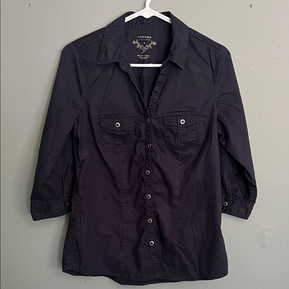 Sonoma Navy Snap Front Shirt SZ Medium 3/4 sleeve Classic Business Casual Office
